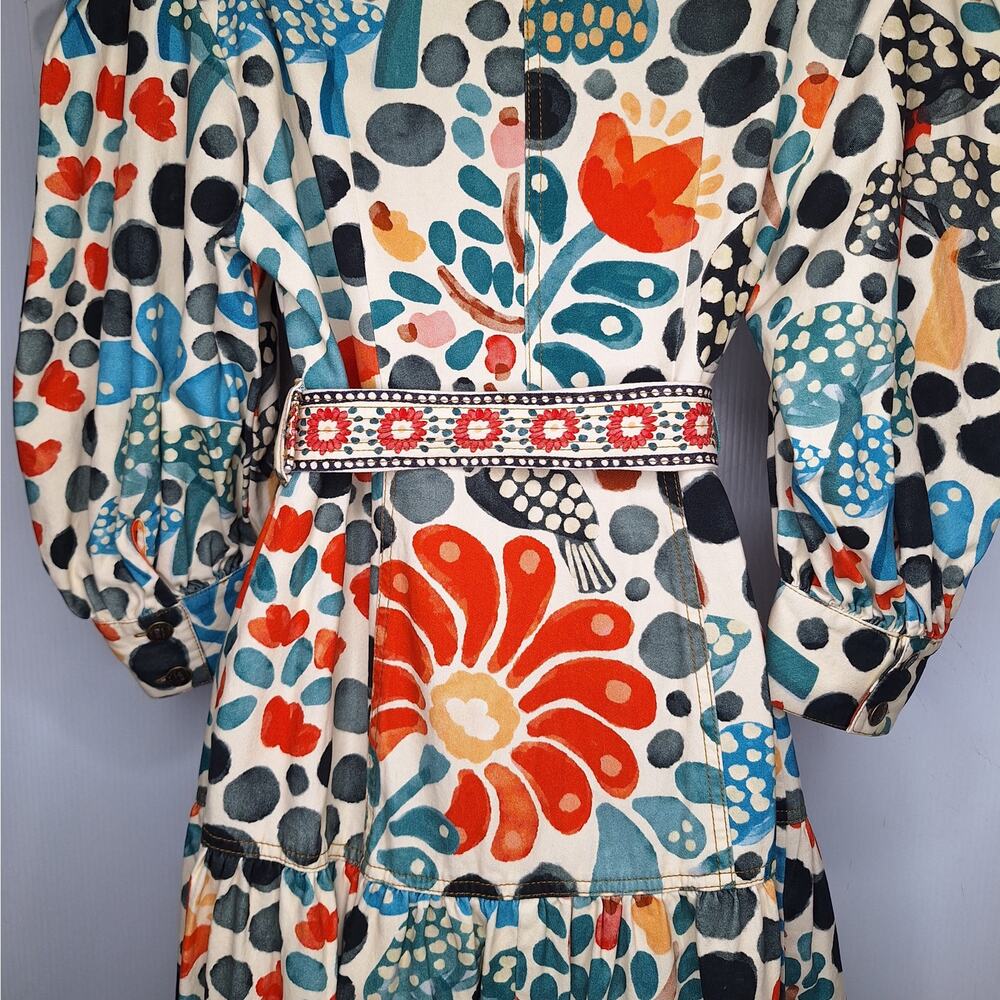 Farm Rio Mushroom Forest Canvas Dress Small Whimsy Floral Colorful Puff Sleeve - Picture 3 of 14